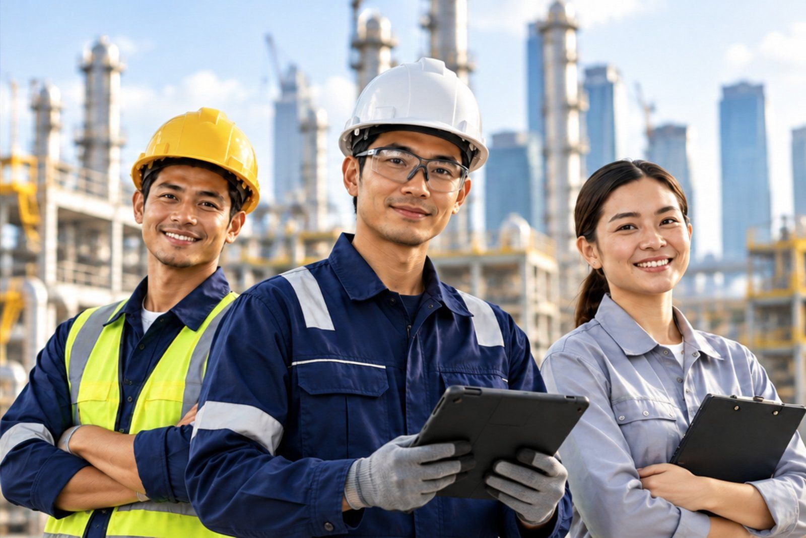 Three smiling Island Manpower workers in safety gear at an industrial site